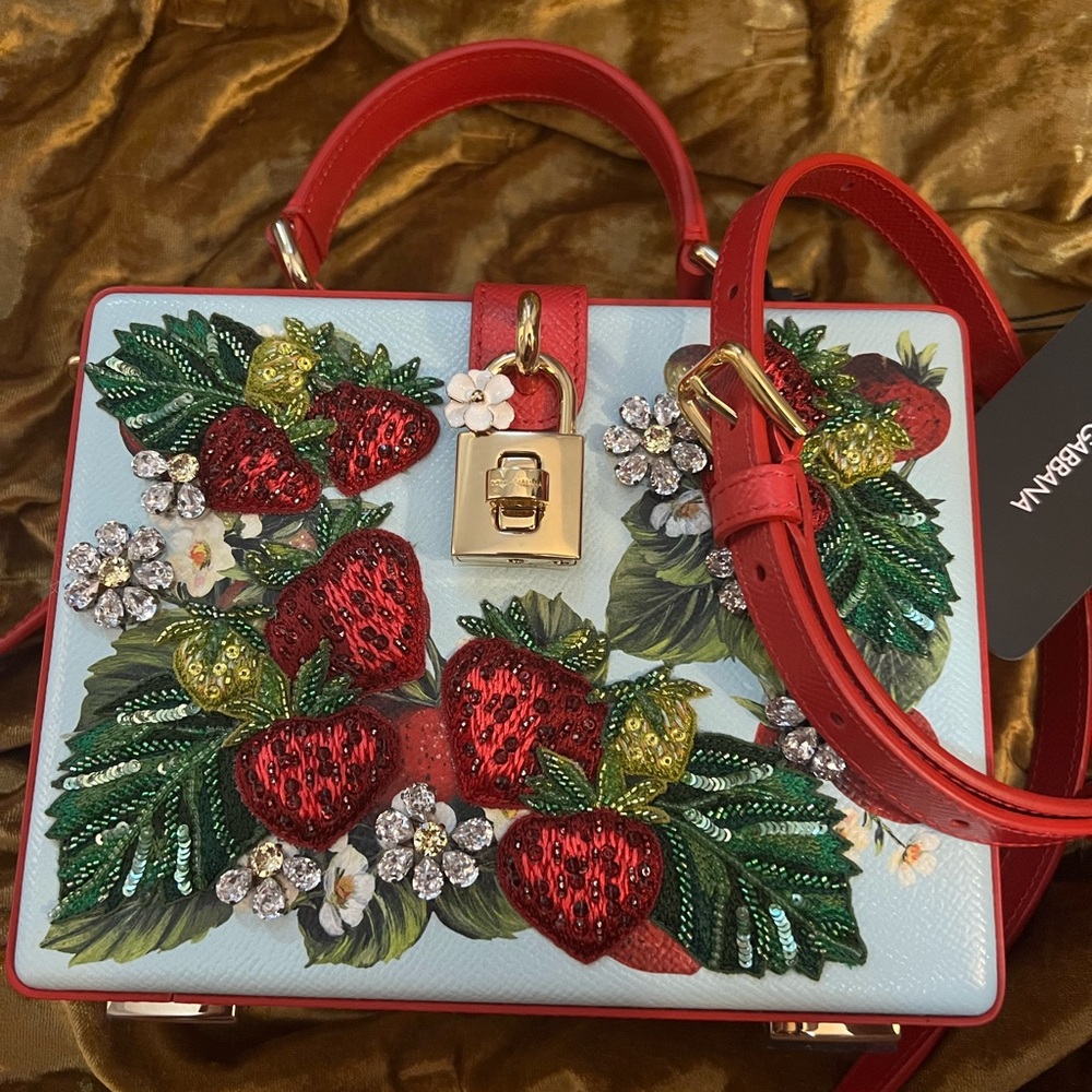 Dolce and Gabbana Dauphine Strawberry Embellished Box Bag NWT